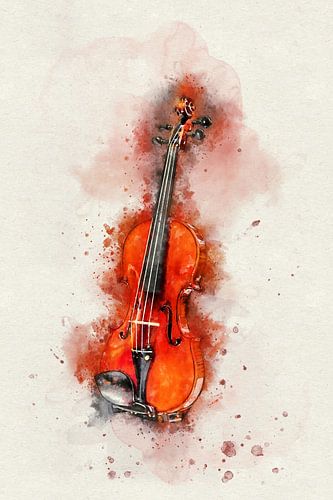 Old Violin in Colorful Watercolor - Classic String Wooden Instrument