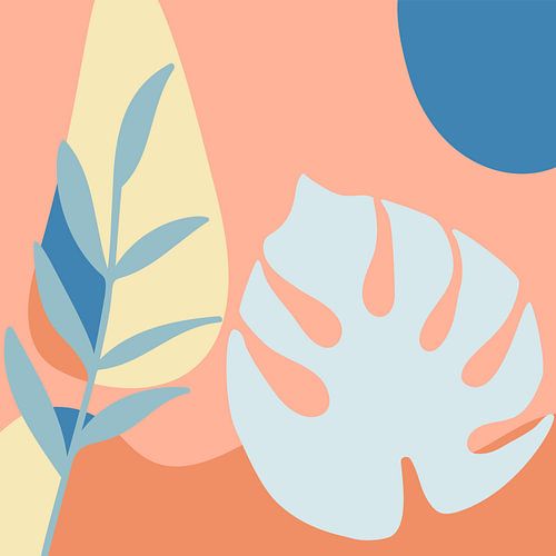 Zomertijd. Tropische botanische abstracte bladeren in terracotta, blauw en geel nr. 4_2