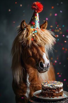 Funny horse celebrates birthday with cake and hat by Felix Brönnimann