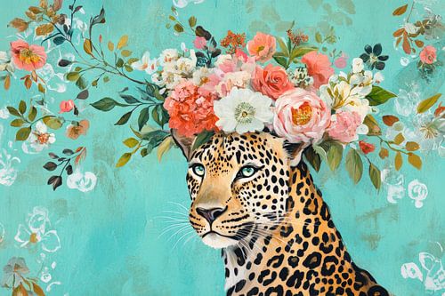 Leopard mit Blumenkranz im Fokus