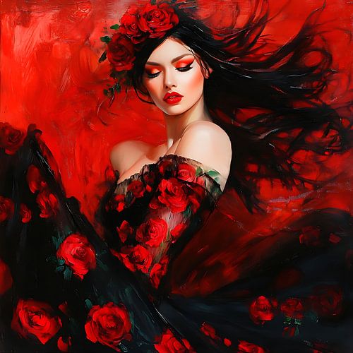 Flamenco danseres met rozen in zwart en rood