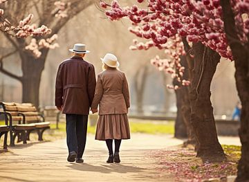 Achteraanzicht van een gelukkig ouder echtpaar wandelend in het lentepark van Animaflora PicsStock