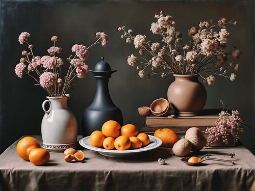 Still life with oranges and flowers
