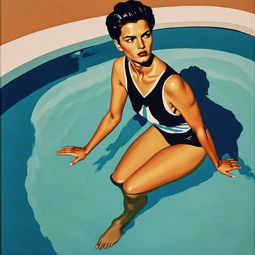 Contemplatieve vrouw in zwembadkunst