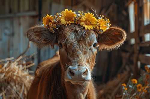 Koeienportret met zonnebloemkrans voor rustieke gezelligheid