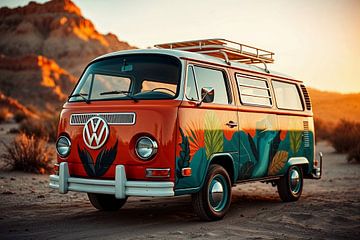Oranje Flower Power VW bus in de woestijn van Jan Bouma