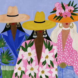 Drie kleurrijke cowgirls in modern eclectische stijl