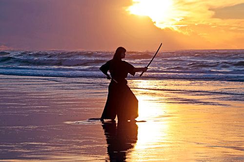 Young samurai woman with Japanese sword Katana) with sunset on the beach