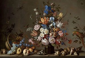 Stilleven met mand met fruit, een vaas met bloemen en schelpen, Balthasar van der Ast (gezien bij vt
