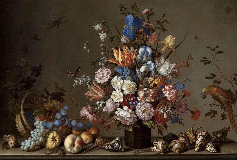 Stilleven met mand met fruit, een vaas met bloemen en schelpen, Balthasar van der Ast (gezien bij vt van Meesterlijcke Meesters