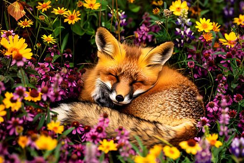 Vos tussen kleurrijke bloemen