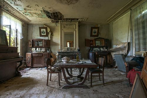 Woonkamer waar de natuur het langzaam overneemt.