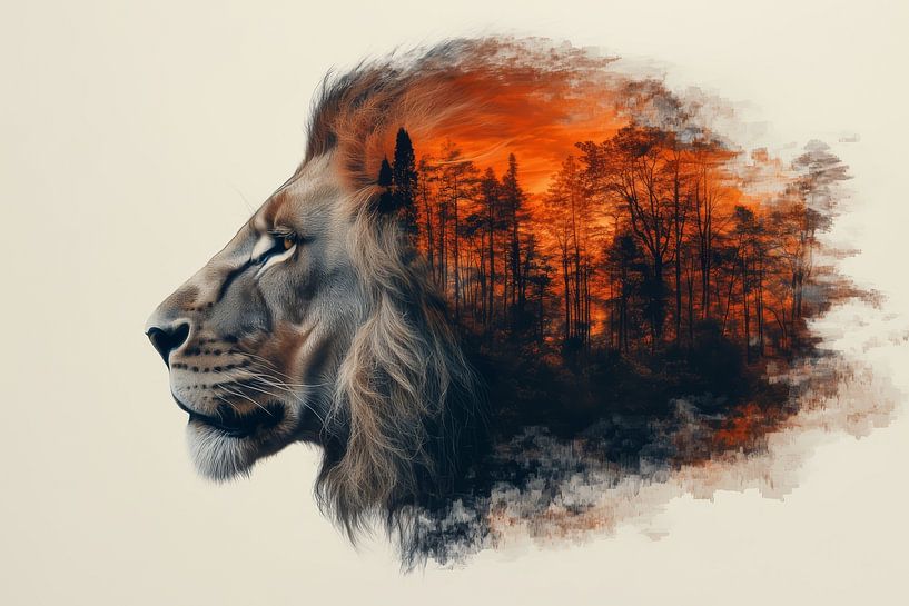 Wild Serenity - Lion with Sunset in Silhouette by Eva Lee