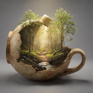 Forest landscape in broken jug – stone jug with forest and footpath by Kleurenrijk