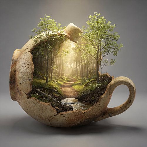 Paysage forestier dans une cruche cassée – cruche en pierre avec forêt et sentier de randonnée