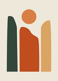 Minimalistische, platte, abstracte illustratie van geometrische pilaren en een zon in bohemienstijl. van Adam Khabibi
