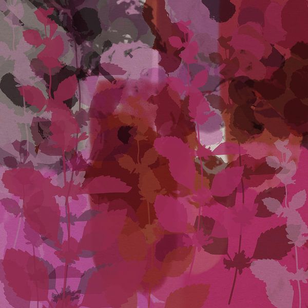 Colorful abstract botanical art in purple, red, pink by Dina Dankers