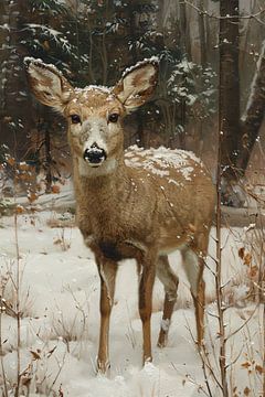 Realistisch schilderij van hert in besneeuwd bos van De Muurdecoratie