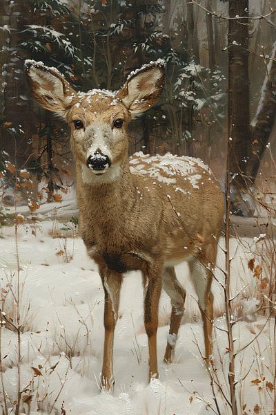 Realistic painting of deer in snowy forest by Art & Soul Creations