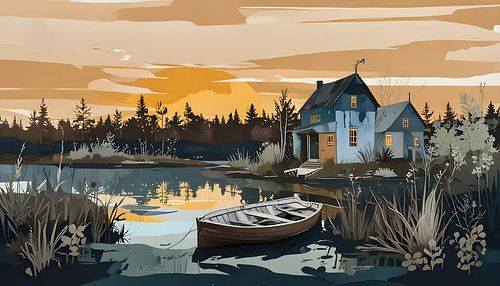 Huis aan een meer, collage