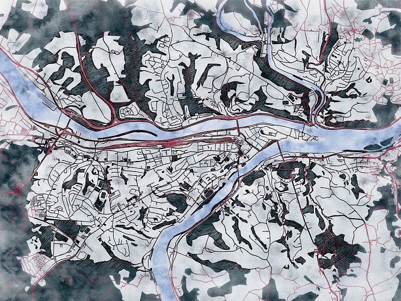 Map of Passau with the style 'White Winter' by Maporia