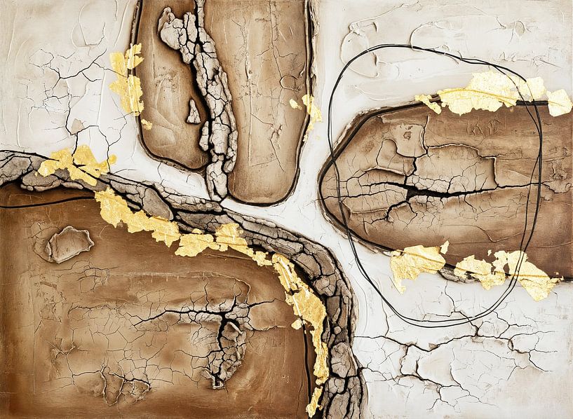 Abstract schilderij met texturen, bladgoud en zwarte lijnen van Markus Gann