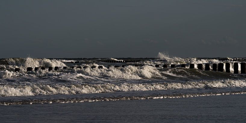 Panorama de la mer : Les vagues se brisent sur les brise-lames par Marjolijn van den Berg