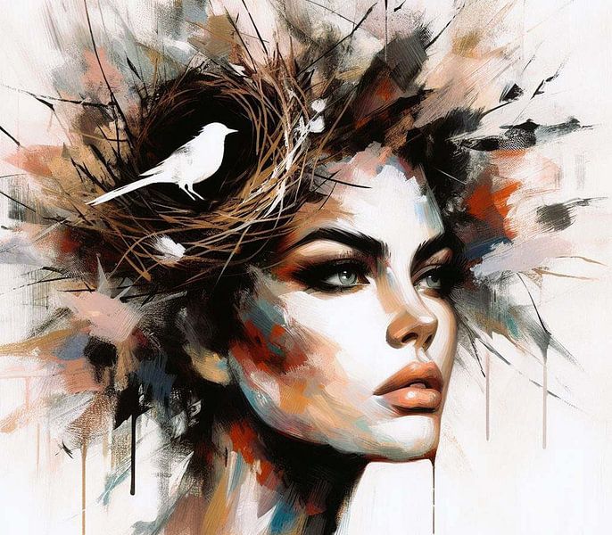 Abstract portrait of woman with bird's nest in her hair. (1) by Ineke de Rijk