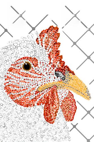 Pointillisme kunstwerk KIP ACHTER GAAS. In de kleuren rood en grijs en wit