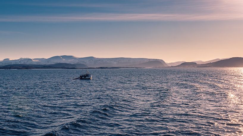 Kleines Fischerboot und Möwen im Meer vor der Küste Norwegens im Winter mit verschneiten Bergen von Robert Ruidl