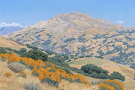 Hilly landscape with flowers and mountain by Art & Soul Creations