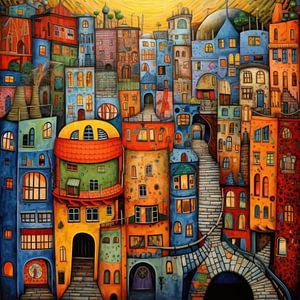 Hundertwasser City orange green by Natasja Haandrikman