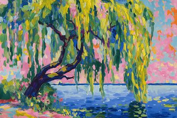 Weeping willow on the colourful lakeshore by NJ Midnight Studio
