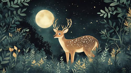 Stag in Moonlight among Night Foliage