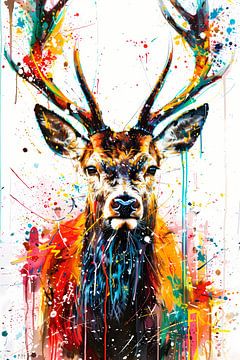 Kleurrijk abstract hert schilderij met spetters van Art & Soul Creations