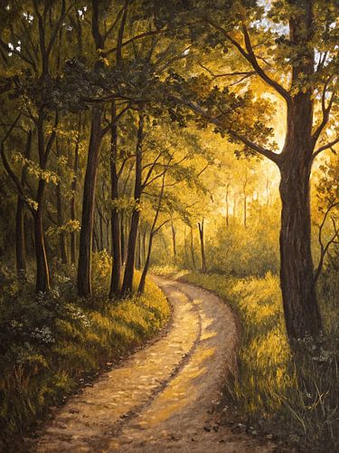 Het Gouden Pad bij Schemering: Een serene reis door een zonovergoten bos