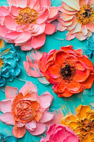 Colourful floral art on turquoise - Vibrant by Poster Art Shop