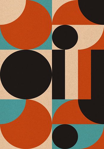 Retro jaren 70 wonen. Abstracte geometrische kunst in zwart, verbrand oranje, lichtblauw, wit III