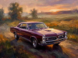 Ein Pontiac GTO auf einer Landstraße bei Sonnenuntergang