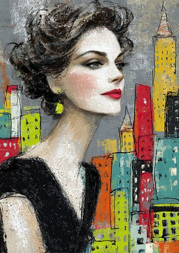Woman with a City Background by Abstract Painting