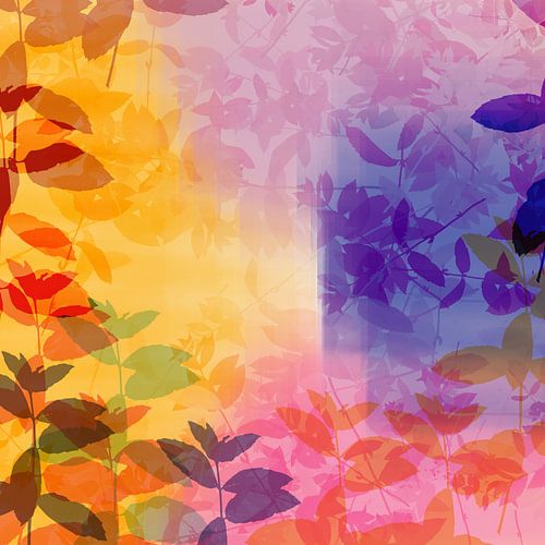 Kleurrijke botanische kunst in pastel- en neonkleuren. True Joy geel, roze, violet.