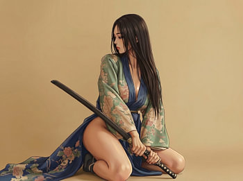 Une femme élégante en kimono, un katana à la main