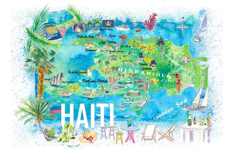 Haiti Illustrated Island Travel Map with Roads and Highlights von Markus Bleichner