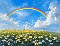 Regenbogen über einer Gänseblümchenwiese