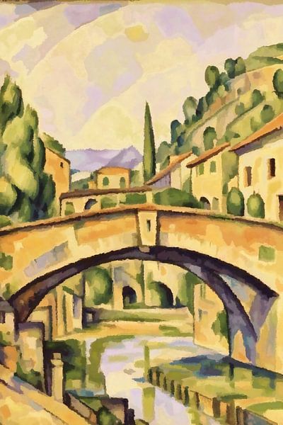 Italian village on river with old stone bridge by Anna Marie de Klerk