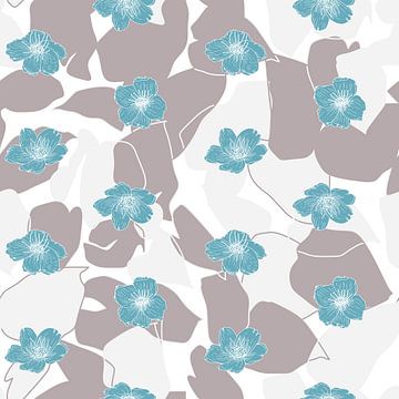 Bloemen in retro stijl. Moderne abstracte botanische kunst. Pastelkleuren taupe grijs en blauw van Dina Dankers