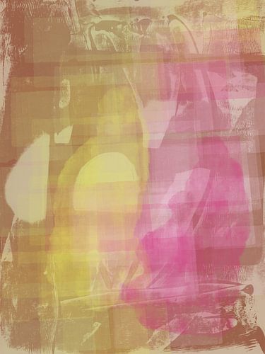 Neonroze, geel en terracotta. Abstracte organische vormen.