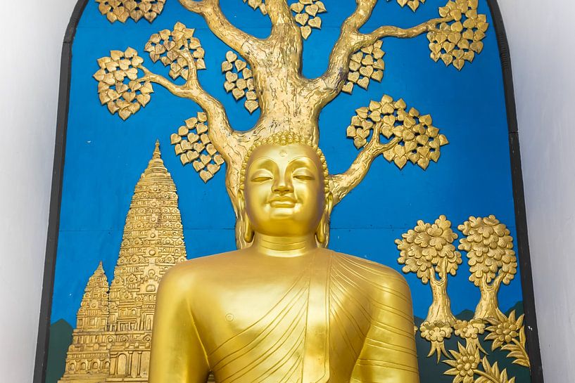 Gouden Boeddhabeeld bij de World Peace Pagoda in Pokhara van Marc Venema