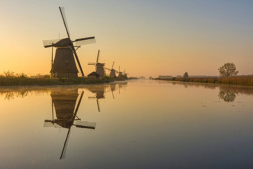 Zonsopkomst bij de Molens van Kinderdijk van Charlene van Koesveld