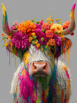 Bunter schottischer Highlander mit Blumenkrone